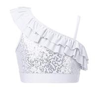 ranrann Enfant Fille Haut Paillette Top de Danse Moderne Jazz Crop Top Danse Classique Tenue Gymnastique Costume Hip Hop Ballet Spectacle Dancewear 5-14 Ans A Blanc 9-10 Ans