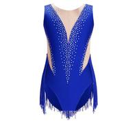 ranrann Enfant Fille Justaucorps Gymnastique Frangé Strass Combinaison Gym Tenue Danse Latine Patinage Artistique Costume Spectacle 5-16 Ans A Bleu royal 13-14 ans