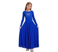 ranrann Enfant Fille Robe Danse Liturgique de Louange Manches Longues Strass Robe Choeur Culte Tenue Chorale d'Église Bleu Royal 15-16 Ans