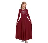 ranrann Enfant Fille Robe Danse Liturgique de Louange Manches Longues Strass Robe Choeur Culte Tenue Chorale d'Église Bourgogne 5-6 Ans