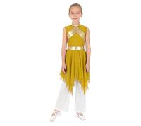 ranrann Enfant Fille Robe Danse Liturgique sans Manches avec Pantalon Ensemble Culte Eglise de Louange Tenue Prière Choeur Jaune Blanc 13-14 Ans