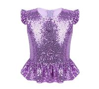 ranrann Enfant Fille T-Shirt Paillette Volant Costume Brillant Crop Top Manches Courtes Flutter Retour Zipper Blouse Gilet Haut de Danse Halloween Carnaval Fête 4-12 Ans Lavande 7-8 Ans