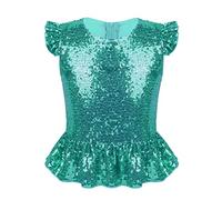 ranrann Enfant Fille T-Shirt Paillette Volant Costume Brillant Crop Top Manches Courtes Flutter Retour Zipper Blouse Gilet Haut de Danse Halloween Carnaval Fête 4-12 Ans Turquoise 11-12 Ans