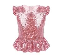 ranrann Enfant Fille T-Shirt Paillette Volant Costume Brillant Crop Top Manches Courtes Flutter Retour Zipper Blouse Gilet Haut de Danse Halloween Carnaval Fête 4-12 Ans Rose 11-12 Ans