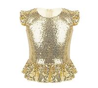 ranrann Enfant Fille T-Shirt Paillette Volant Costume Brillant Crop Top Manches Courtes Flutter Retour Zipper Blouse Gilet Haut de Danse Halloween Carnaval Fête 4-12 Ans Or 7-8 Ans