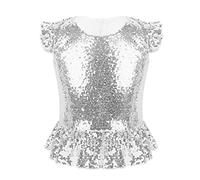 ranrann Enfant Fille T-Shirt Paillette Volant Costume Brillant Crop Top Manches Courtes Flutter Retour Zipper Blouse Gilet Haut de Danse Halloween Carnaval Fête 4-12 Ans Argenté 5-6 Ans