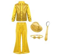 ranrann Enfant Garçon Chemise Paillette Ensemble Costume Brillant Danse Disco Sequin Top Danse Moderne Jazz Tenue Soirée 7-14 Ans Or 7-8 ans