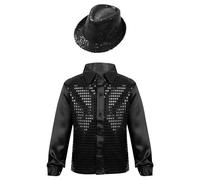 ranrann Enfant Garçon Chemise Paillette Manches Longues Costume Brillant Danse Disco Top Danse Moderne Jazz Tenue 4-14 Ans Noir 11-12 Ans
