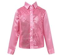 ranrann Enfant Garçon Chemise Paillette Manches Longues Costume Brillant Danse Soirée Bal Dégusiement Disco Sequin Top Danse Moderne Jazz Haut T-Shirt Veste 4-14 Ans Rose 7-8 Ans