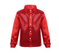 ranrann Enfant Garçon Chemise Paillette Manches Longues Costume Brillant Danse Soirée Bal Dégusiement Disco Sequin Top Danse Moderne Jazz Haut T-Shirt Veste 4-14 Ans Rouge 4-5 Ans