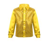 ranrann Enfant Garçon Chemise Paillette Manches Longues Costume Brillant Danse Soirée Bal Dégusiement Disco Sequin Top Danse Moderne Jazz Haut T-Shirt Veste 4-14 Ans Or 7-8 Ans