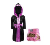 ranrann Enfant Garçon Ensemble Boxe Peignoir à Capuche et Short de Boxe Muay Thai Kickboxing MMA Noir&Rose 13-14 ans