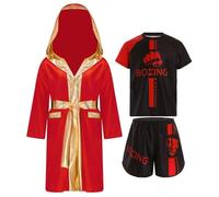 ranrann Enfant Garçon Ensemble Boxe Thai Peignoir de Boxe à Capuche Satin Short de Boxe et T-shirt Ensemble Sport Combat MMA Kick Boxing Rouge 7-8 ans