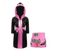ranrann Enfant Garçon Ensemble Tenue Boxe Combat Peignoir Boxe à Capuche et Short Boxe Muay Thai Kickboxing MMA Noir&Rose 7-8 ans