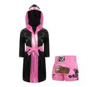 ranrann Enfant Garçon Ensemble Tenue Boxe Peignoir à Capuche et Short Boxe Muay Thai Kickboxing MMA Noir&Rose 9-10 ans
