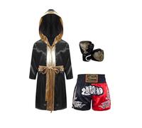 ranrann Ensemble Boxe Enfant Garçon Peignoir Short Gants de Boxe Muay Thai Shorts Arts Martiaux Boxer Kickboxing Entraînement Or Noir 5-6 Ans