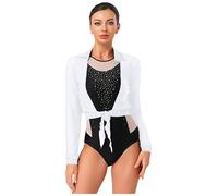ranrann Femme Cache-Coeur Danse Classique Ballet Boléro Manches Longues Strass Cardigan Ouvert Devant Gilet Haut Top Danse du Ventre Blanc S
