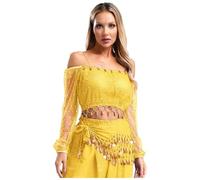 ranrann Femme Haut Danse du Ventre Blouse Top Danse Orientale Paillette Costume Danse Tenue Spectacle Dancewear Jaune Taille Unique