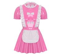 ranrann Homme Déguisement Soubrette Robe Cuir Verni Sissy Lingerie Costume de Maid Serveur Cosplay Adulte Tenue Clubwear L-4XL Rose XXL
