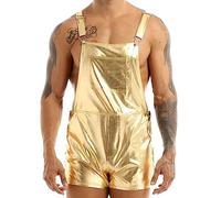 ranrann Homme Salopette Métallique Brillant Combiashort à Bretelles Costume Disco Tenue Danse Party Clubwear S-3XL Or L