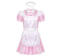 ranrann Homme Sissy Lingerie Satin Manches Courtes Costume Soubrette Robe Nuisette Cosplay Adulte Tenue M-XXL Rose XL