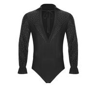ranrann Justaucorps Danse Latine Homme Strass Brillant Col V Body Manches Longues Chemise Tango Samba Rumba Gym Combinaison Patinage Costume Moderne Jazz Dancewear M-XXL B Noir 3XL