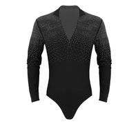 ranrann Justaucorps Danse Latine Homme Strass Brillant Col V Body Manches Longues Chemise Tango Samba Rumba Gym Combinaison Patinage Costume Moderne Jazz Dancewear M-XXL A Noir XXL