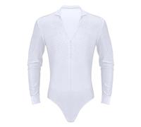 ranrann Justaucorps Danse Latine Homme Strass Brillant Col V Body Manches Longues Chemise Tango Samba Rumba Gym Combinaison Patinage Costume Moderne Jazz Dancewear M-XXL A Blanc M