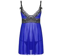 ranrann Sissy Homme Lingerie Sexy Dentelle Maillot de Corps Nuisette Robe Chemise de Nuit sous-vêtement M-XXL Bleu XL