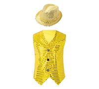 ranrann Unisexe Enfant Gilet Paillette avec Chapeau Paillette Brillant Costume Danse Moderne Jazz Tenue Danse Disco Déguisement Performance Fille Garçon 1-18 Ans Type A Jaune 7-8 ans