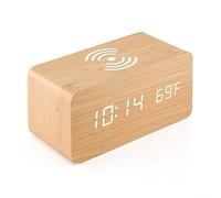RANRAO Réveil numérique en bois, alarme électronique numérique à LED, chargement sans fil, horloge numérique en bois avec affichage de la température et du temps - A