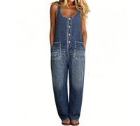 RAOKENSU Combinaison Jean Femme Longue Été Boutonnée Sans Manches Col U | Style Playsuit, Élégant, Denim, Avec Poches, Jambe Large, Coupe Ample, Confortable