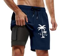 RAOKENSU Short de bain pour homme - Doublure de compression - Imprimé cocotier - 2 en 1 - Avec cordon de serrage et short intérieur - Short de bain doux - Séchage rapide - Short de plage pour