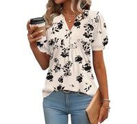 Rapbin Blouses Femme Col V Bouton T-Shirt Tunique Manches Courtes Top Été Hauts Léger Élégant Casual Fleurs-Noir S