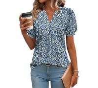 Rapbin Casual Top Femme Manches Bouffantes Haut Boho Blouse d'été Blouse Mode champêtre Manches Courtes Fleurs-Blanc XL