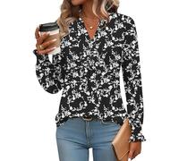 Rapbin Chemisier plissé à manches courtes bouffantes avec col en V et boutons pour femme, Manches longues fleurs noires et blanches, XXL