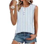 Rapbin Débardeur d'été sans manches à col rond boutonné pour femme Coupe ample, Bleu rayé, XXL