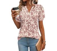 Rapbin Femmes V- Encolure Fleurs Plis Chemisier Hauts Tunique Tops décontracté Longshirt décontracté t-Shirt Manches Longues Chemise Rouge-lumière L