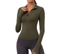 Rapbin Haut de sport à manches longues pour femme, fermeture à glissière 1/4, passants pour les pouces, léger, séchage rapide, coupe ajustée, vert militaire, M