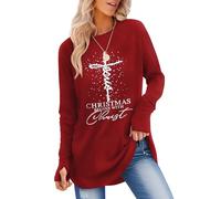 Rapbin Hauts à manches longues pour femmes, pulls décontractés, T-shirts à col rond, sweatshirts avec trous pour les pouces, ourlet incurvé, tuniques, Père Noël rouge., S