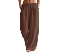 Rapbin Pantalon en lin pour femme - Jambes larges - Style décontracté - Pour l'été - Avec élastique et poches, café, M