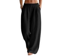 Rapbin Pantalon en lin pour femme - Jambes larges - Style décontracté - Pour l'été - Avec élastique et poches, Noir , S