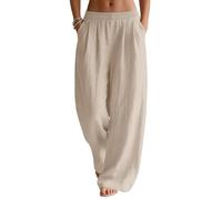 Rapbin Pantalon en lin pour femme - Jambes larges - Style décontracté - Pour l'été - Avec élastique et poches, kaki, XXL