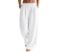 Rapbin Pantalon en lin pour femme - Jambes larges - Style décontracté - Pour l'été - Avec élastique et poches, blanc, XXL