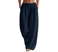 Rapbin Pantalon en lin pour femme - Jambes larges - Style décontracté - Pour l'été - Avec élastique et poches, bleu marine, M