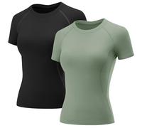 Rapbin T-Shirt de Sport à Manches Courtes et à Manches Longues pour Femme - Séchage Rapide - Respirant, Lot de 2 - Noir et Gris - Manches Courtes