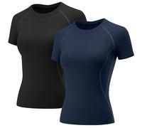 Rapbin T-Shirt de Sport à Manches Courtes et à Manches Longues pour Femme - Séchage Rapide - Respirant, Lot de 2 - Noir et Gris - Manches Courtes