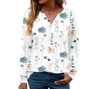 Rapbin Tunique décontractée à manches longues et col en V pour femme, Blanc avec fleurs bleues, L