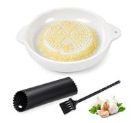 Râpe à Ail en Céramique 9×2 cm + Éplucheur Silicone + Brosse Nettoyante - 3-en-1 Set - Râpe sans fibres pour Gingembre, Curcuma & Citron - Récolte le jus grâce au bec verseur