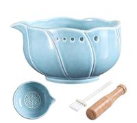 Râpe à ail en céramique avec dénudeur d'herbes 2 en 1 en forme de pétale avec presse-purée et brosse, ustensiles de cuisine multifonctions pour fruits, oignons, etc. (bleu)